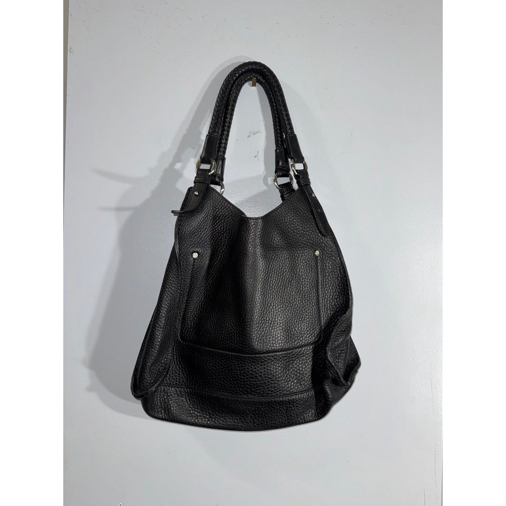 Cole Haan black leather bucket shoulder bag braided handles silver clip‎ closure